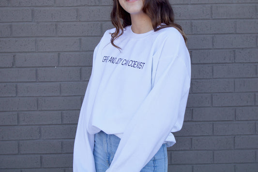 GRIEF AND JOY CAN COEXIST EMBROIDERED HEAVY BLEND UNISEX CREWNECK